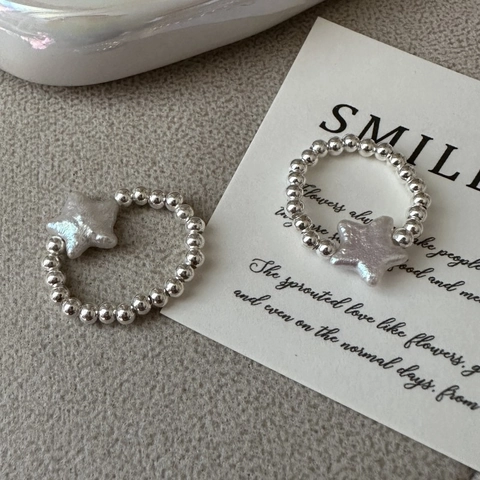 925 Sterling Silver Beaded Star Ring For Women Minimalist Korean Style Artificial Pearl Finger Ring Fashion Jewelry