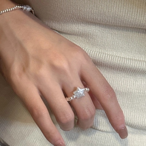 925 Sterling Silver Beaded Star Ring For Women Minimalist Korean Style Artificial Pearl Finger Ring Fashion Jewelry