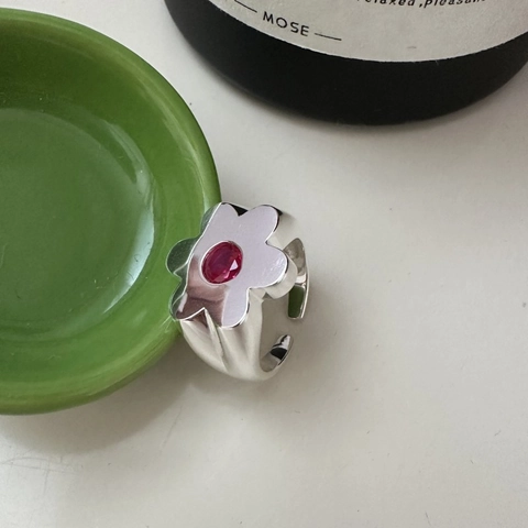 Anillo De Flor De Plata De Ley 925 Con Circón Rojo Ajustable Abierto Joyería Minimalista Para Mujeres