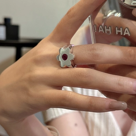 Anillo De Flor De Plata De Ley 925 Con Circón Rojo Ajustable Abierto Joyería Minimalista Para Mujeres