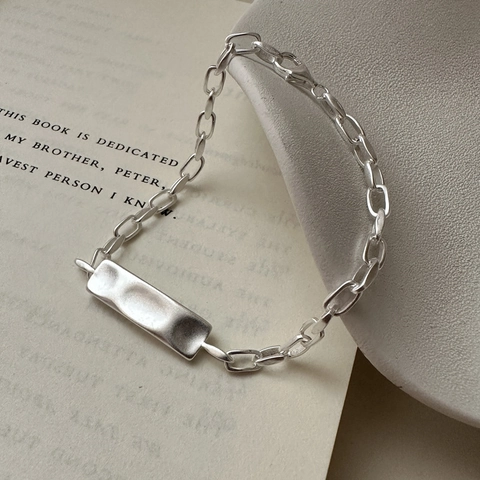 925 Sterlingsilber Matt Textur Armband Koreanischer Stil Minimalistisch Unregelmäßige Rechteckige Platte Kette Armband Damen
