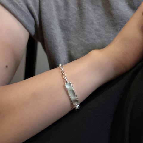 925 Sterlingsilber Matt Textur Armband Koreanischer Stil Minimalistisch Unregelmäßige Rechteckige Platte Kette Armband Damen