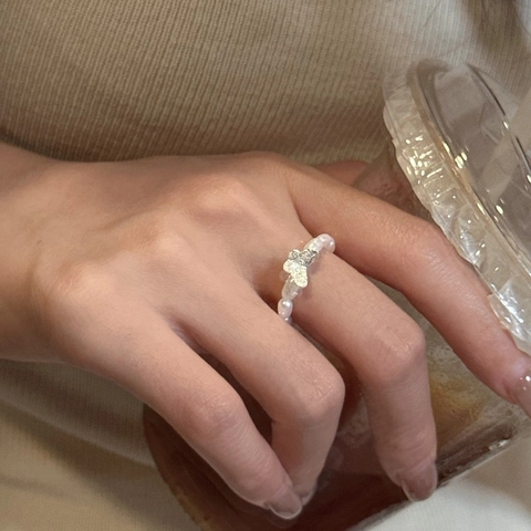 925 Silver Artificial Pearl Butterfly Beaded Ring For Women Vintage Minimalist INS Style Finger Ring Jewelry Gift