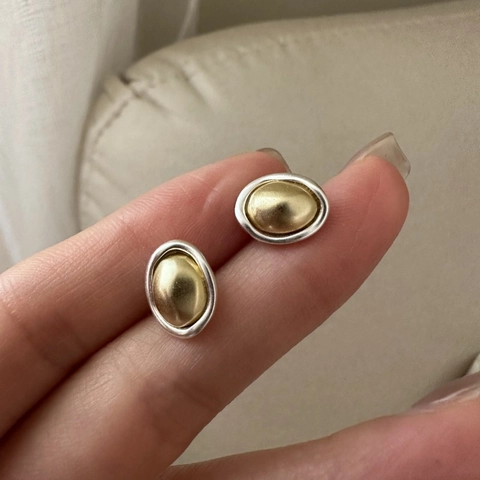 925 Sterling Silver Matte Vintage Gold Silver Contrast Bean Stud Earrings For Women Korean Minimalist Geometric Jewelry Gift