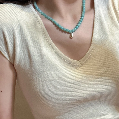 925 Sterling Silver Mint Green Amazonite Beaded Water Drop Pendant Necklace For Women Retro Korean Style Jewelry