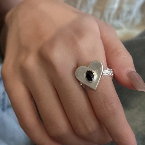 925 Sterling Silver Heart Ring For Women Retro Matte Adjustable Open Ring With Black Stone Minimalist Fashion Finger Jewelry