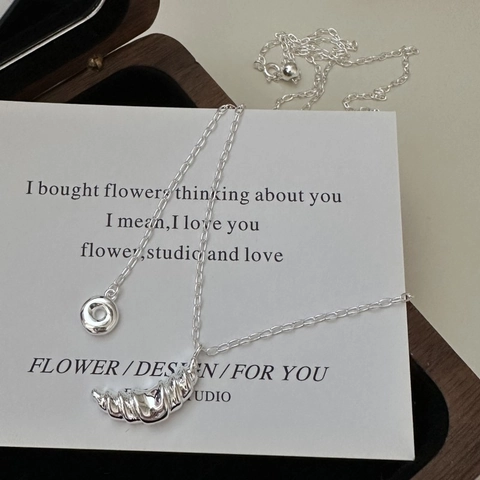 S925 Sterling Silver Croissant Pendant Necklace For Women Korean Style Doughnut Minimalist French Vintage Adjustable Sweater Chain Silver Jewelry