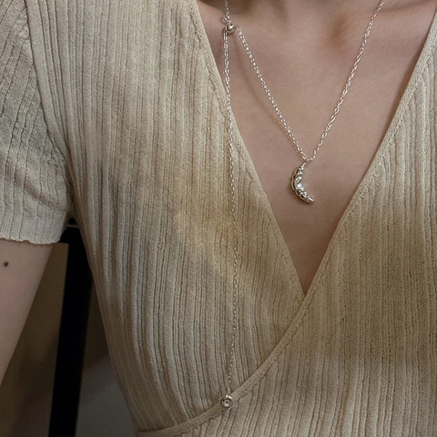 S925 Sterling Silver Croissant Pendant Necklace For Women Korean Style Doughnut Minimalist French Vintage Adjustable Sweater Chain Silver Jewelry