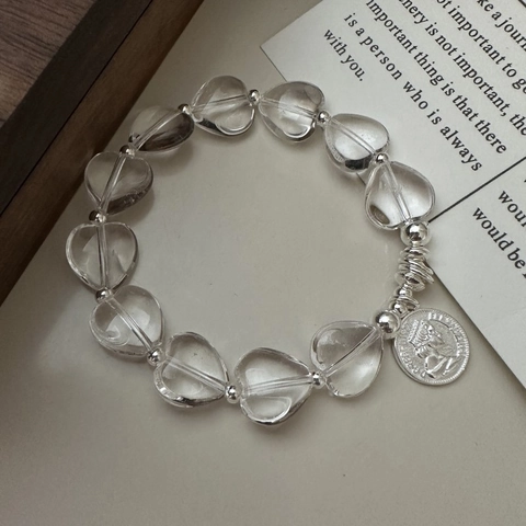 S925 Sterlingsilber Herz Bergkristall Armband Für Damen Retro Porträt Münze Anhänger Elastisch Minimalistisch Mode Schmuck