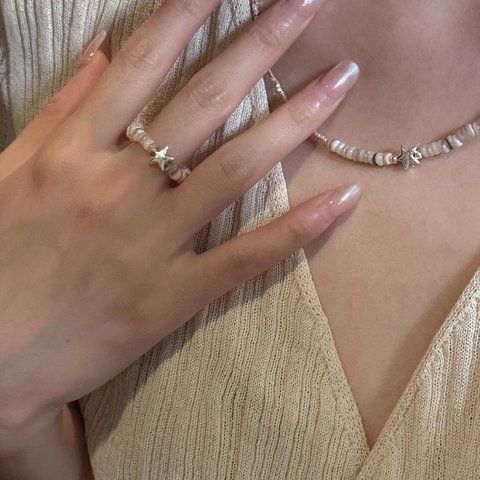 S925 Sterling Silver Star Charm Beaded Elastic Ring For Women Minimalist Mother Of Pearl Texture Trendy Adjustable Finger Ring Jewelry