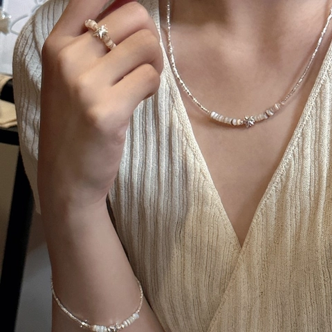 S925 Sterling Silver Star Necklace For Women Mother Of Pearl Bead Chain Minimalist Korean Style Clavicle Chain Jewelry