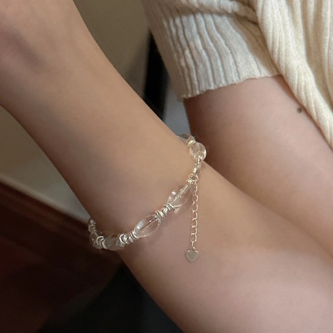 S925 Sterlingsilber Weißer Kristall Perlen Armband Für Damen Minimalistisches Geometrisches Herzanhänger Verstellbare Kette