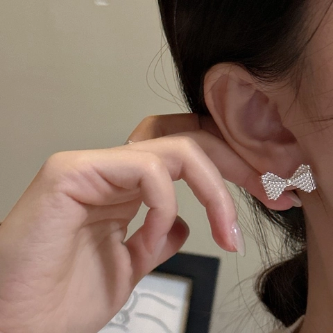Orecchini a Bottone con Fiocco in Argento Sterling 925 per Donna Stile Coreano INS Texture Granulare Galvanizzato Gioielli