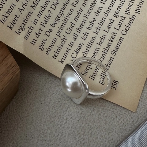 Anello in Argento Sterling S925 Con Perla Artificiale Mabe Per Donna Cornice Quadrata Minimalista Geometrico Regolabile Gioiello Regalo