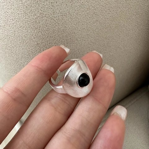925 Sterlingsilber Vintage Schallplattenstruktur Schwarz Achat Offener Ring Für Damen Geometrischer Verstellbarer Fingerring