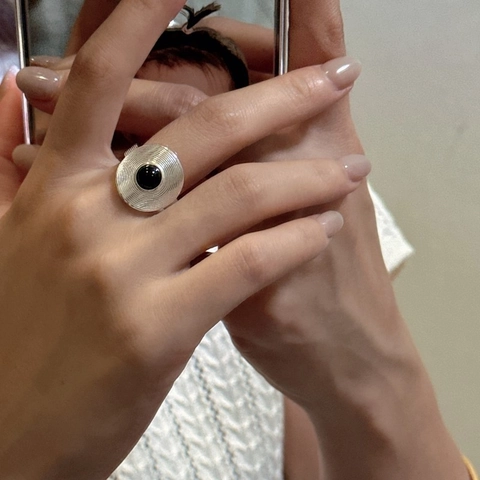 925 Sterlingsilber Vintage Schallplattenstruktur Schwarz Achat Offener Ring Für Damen Geometrischer Verstellbarer Fingerring