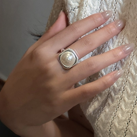Anello in Argento Sterling S925 Con Perla Artificiale Mabe Per Donna Cornice Quadrata Minimalista Geometrico Regolabile Gioiello Regalo