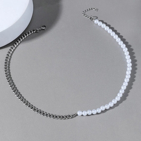 Collana Spliced Minimalista Moderna per Uomo Donna Metà Catena Metà Perla Artificiale Stile Hip Hop Gioielli Quotidiani
