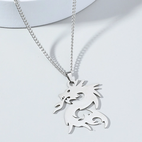 Collana con Ciondolo a Forma di Drago in Acciaio Inossidabile Retro per Uomo Donna Hip Hop Gotico Drago Silhouette Gioielli