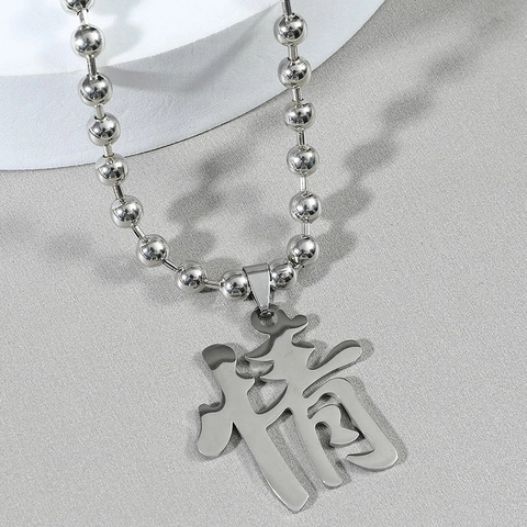 Collana con Ciondolo Amore in Acciaio Inossidabile Carattere Cinese Catena a Sfere Argento Gioielli Streetwear Uomo Donna