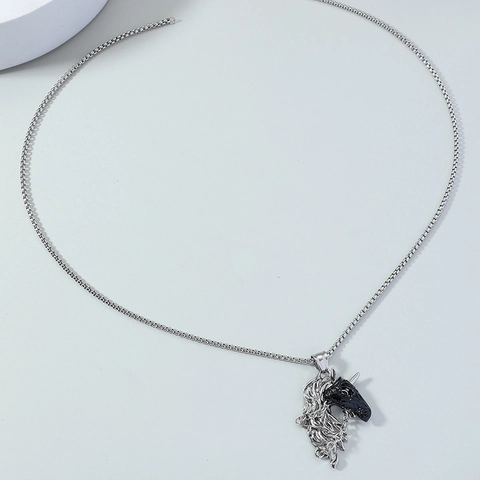Collana con Ciondolo a Testa di Cavallo da Uomo Hip Hop Lega Argento Nero Stile Animale Gioielli Zodiaco Catena Maglione