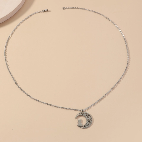 Edelstahl Hohl Mond Katze Anhänger Halskette Für Damen Minimalistisch Koreanischer Stil Silber Farbe Eleganter Schmuck