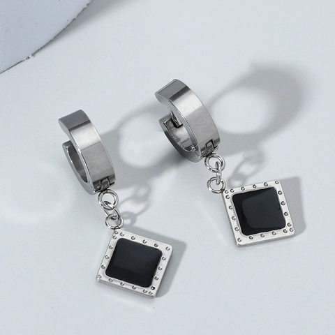 Pendientes de Aro Huggie Geométricos Cuadrados Negros Retro Para Mujeres Hombres Punk Minimalistas de Aleación Color Plata Joyas