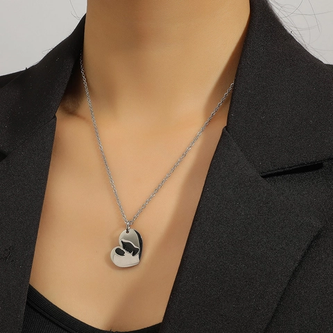 Stainless Steel Mother And Child Heart Silhouette Pendant Necklace Elegant Silver Tone Love Jewelry For Women Gift