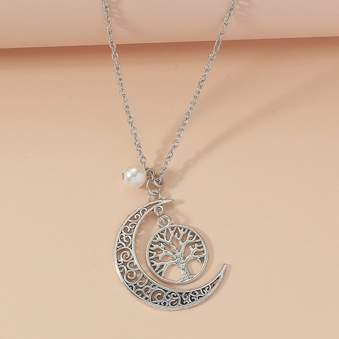 Collana con Pendente Albero della Vita Luna Vuota Gioielli in Acciaio Inossidabile con Perla Artificiale Stile Boho Donna