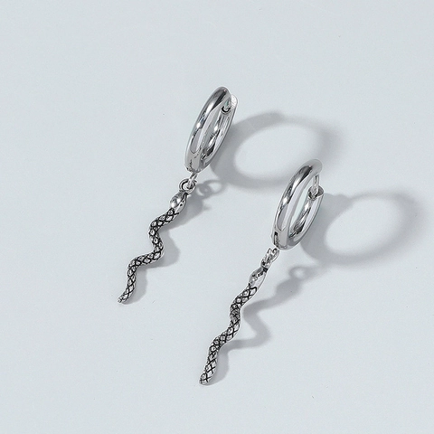 Punk Gothic Alloy Snake Drop Earrings For Women Silver Tone Engraved Snake Dangle Hoop Earrings Hip Hop Jewelry Gift