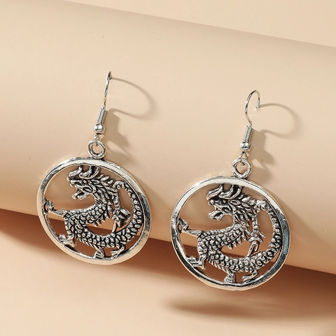 Vintage Chinese Dragon Hollow Round Drop Earrings For Women Antique Steel Color Alloy Ethnic Style Dangle Earrings Jewelry