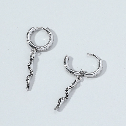 Punk Gothic Alloy Snake Drop Earrings For Women Silver Tone Engraved Snake Dangle Hoop Earrings Hip Hop Jewelry Gift