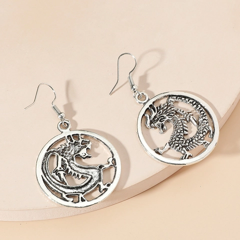 Vintage Chinese Dragon Hollow Round Drop Earrings For Women Antique Steel Color Alloy Ethnic Style Dangle Earrings Jewelry