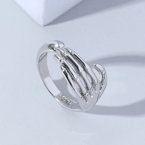 Hip Hop Punk Skeleton Hand Open Ring For Men Women Alloy Silver Color Gothic Adjustable Wrap Finger Ring Fashion Jewelry Gift