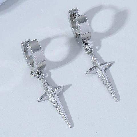 Y2K Minimalist Alloy Silver Four-Pointed Star Pendant Hoop Earrings For Women Punk Geometric Star Drop Earrings Fashion Jewelry