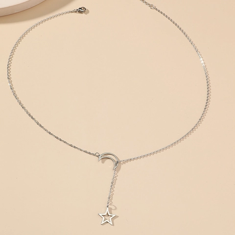 Collar en Y de Acero Inoxidable Sol Luna Estrella Colgante de Estrella Hueca y Media Luna Joyería Regalo para Mujer