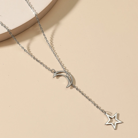 Collar en Y de Acero Inoxidable Sol Luna Estrella Colgante de Estrella Hueca y Media Luna Joyería Regalo para Mujer