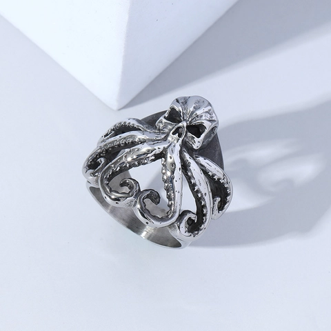 Vintage Gothic Punk Octopus Skull Ring For Men Antique Silver Electroplated Alloy Animal Open Adjustable Ring Jewelry Gift