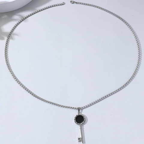 Men Retro Roman Numeral Key Pendant Necklace Alloy Silver Chain Gothic Punk Style Jewelry Accessory Simple Daily Jewelry Gift
