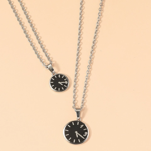 Collana con Ciondolo a Orologio Minimalista Catena d'Argento Quadrante Nero Ciondolo Rotondo Gioielli alla Moda per Coppie Uomo Donna Regalo