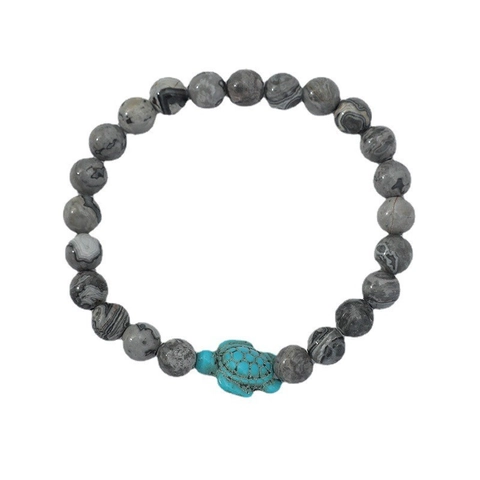 Vintage Natural Stone Beaded Bracelet For Men Women Handcrafted Elastic Marine Turtle Charm Turquoise Tiger Eye Yoga Jewelry