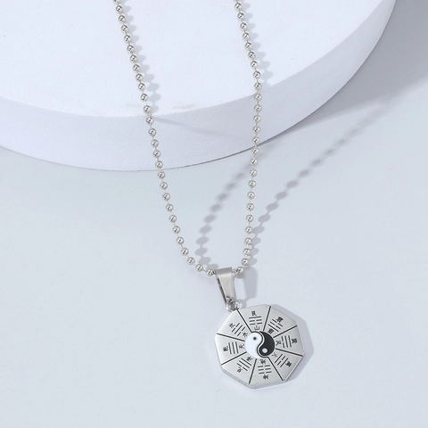 Vintage Alloy Stainless Steel Yin Yang Tai Chi Pendant Necklace Chinese Eight Trigrams Ball Chain Unisex Jewelry
