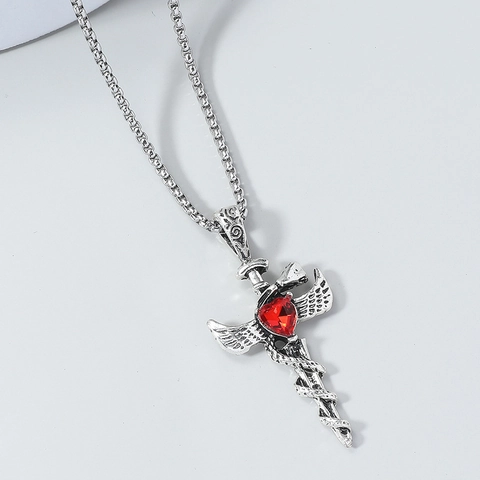 Collana Con Ciondolo A Spada Gotica Lega Serpente Ala Cuore Rosso Gemma Punk Retro Hip Hop Gioielli