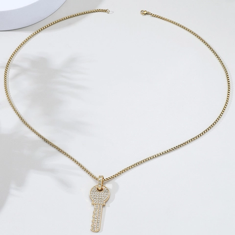 Collana con Ciondolo a Chiave in Lega con Strass Placcato Oro Catena a Scatola Gioielli di Moda Stile Hip Hop per Uomo Donna