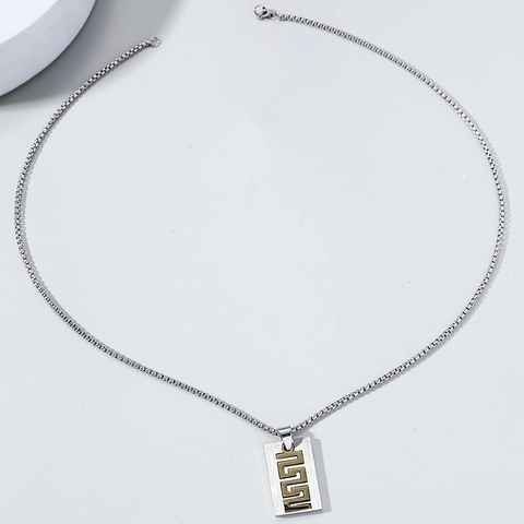 Minimalist Stainless Steel Meander Greek Key Dog Tag Pendant Necklace For Men Women Gold Silver Two Tone Commuting Jewelry