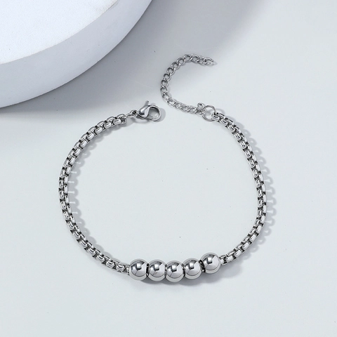 Bracciale Veneziano in Acciaio Inossidabile con Cinque Perle Lucide per Uomo Donna Gioielli Geometrici Minimalisti Regolabili