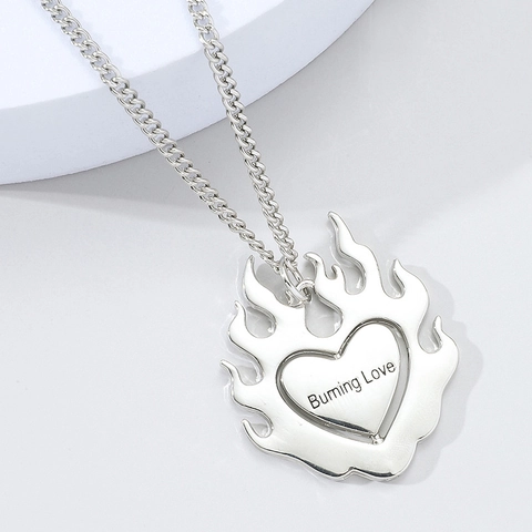 Hip Hop Flame Heart Pendant Necklace For Unisex Rotatable Burning Love Letter Engraved Alloy Silver Color Jewelry Necklace