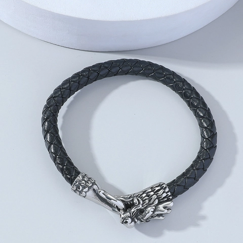 Bracciale in Pelle Intrecciata Testa di Drago Vintage Punk Chiusura in Lega Intrecciato a Mano per Uomo Donna Gioielli di Moda