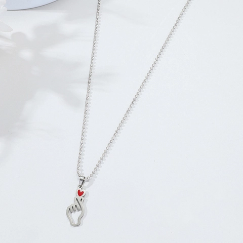 Minimalistische Edelstahl Fingerherz Zeichen Anhänger Halskette Für Herren Damen Emaille Rotes Herz Detail Kugelkette Trendiger Schmuck
