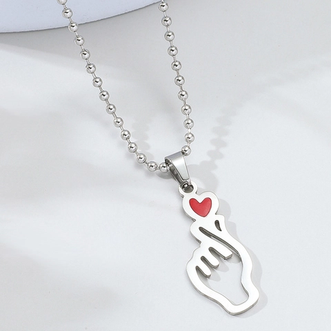 Minimalistische Edelstahl Fingerherz Zeichen Anhänger Halskette Für Herren Damen Emaille Rotes Herz Detail Kugelkette Trendiger Schmuck